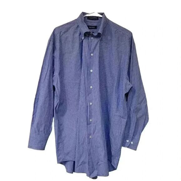 Nautica Men's Power Blue White Striped Cotton Dress Shirt - Picture 1 of 10